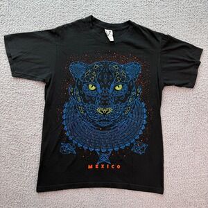 Mexico Jaguar Geometric Graphic T Shirt Black Mens M Neon Aztec Mayan Streetwear